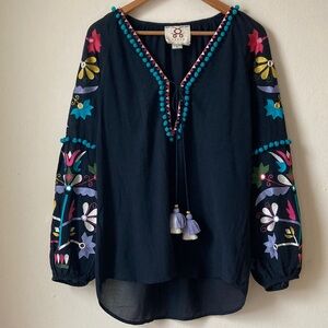 Figue Victoria Pompom Tassel Floral Embroidered Tunic Mirror Details Sz M Boho